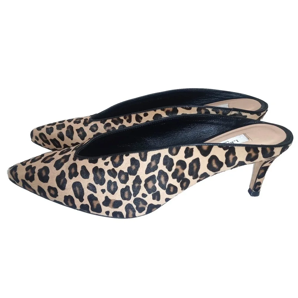 L K BENNETT CELIA Mules Slides Calf Hair LEATHER Shoes 39.5 Heels Leopard 9/9.5